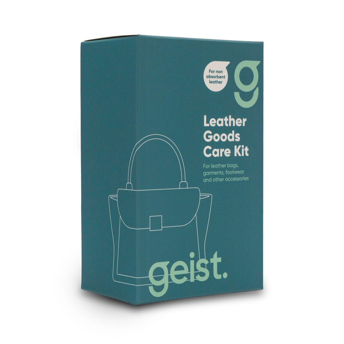 The Detail Warehouse Geist pigmented leather care kit including cleaner, preserver, sponge, and cloth in a box.