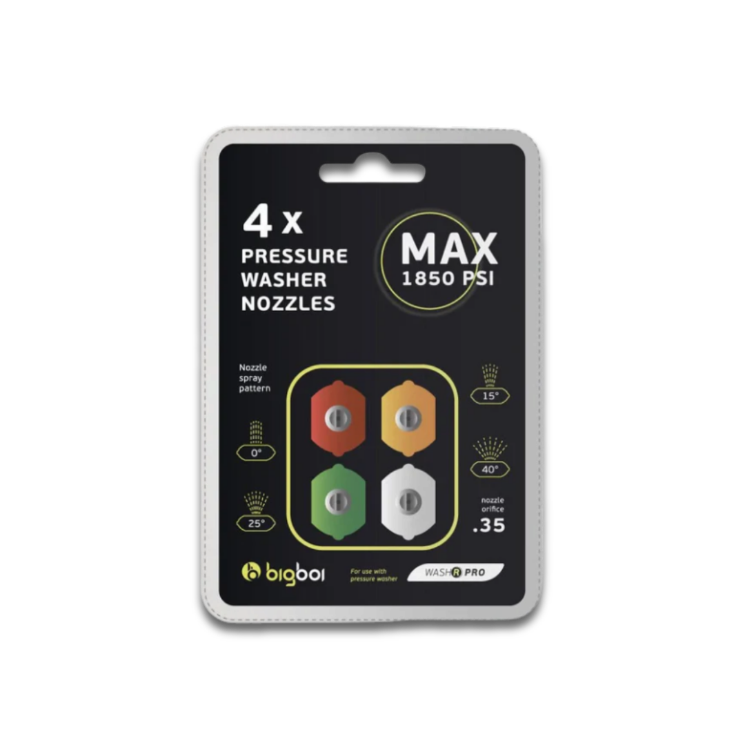 The Detail Warehouse Bigboi Washr Pro pressure washer nozzle kit featuring four color-coded spray tips