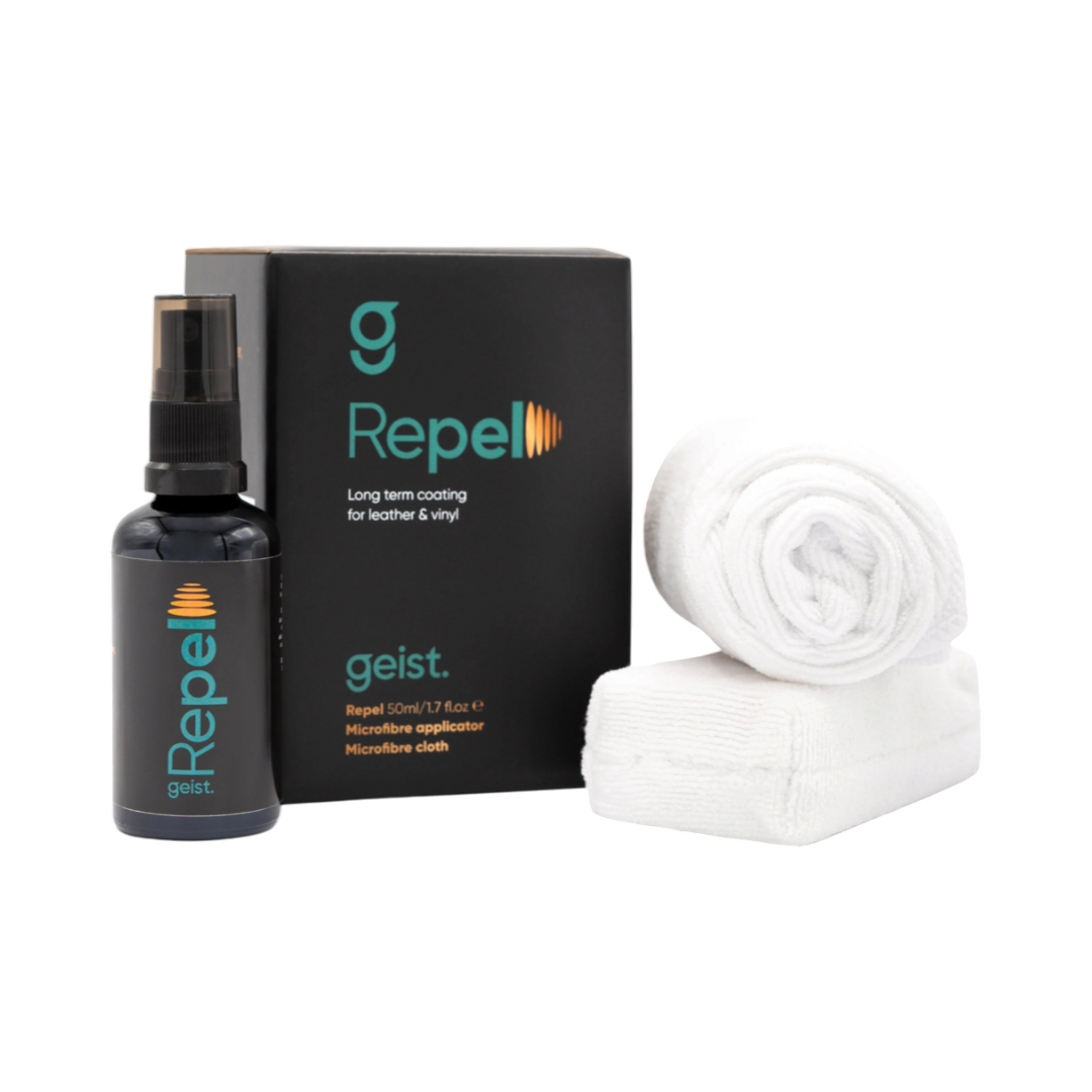 The Detail Warehouse Geist Repel leather and vinyl coating kit with spray bottle, box, applicator, and cloth.