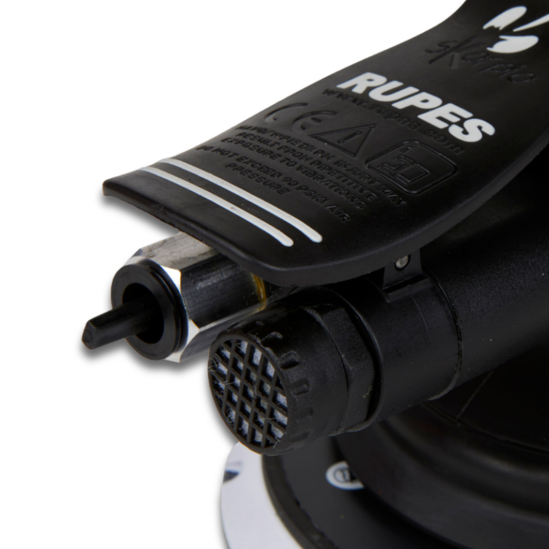 Rupes Skorpio III sander – close up of 1/4 inch GAS air inlet and central vacuum port