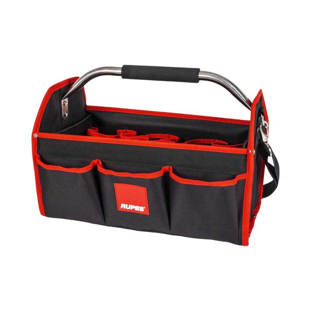 The Detail Warehouse Rupes bottle carrier bag in black and red polyester with metal handle for detailing compounds.