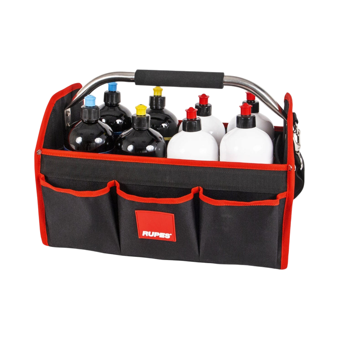 The Detail Warehouse Rupes bottle carrier bag in black and red polyester with metal handle for detailing compounds.