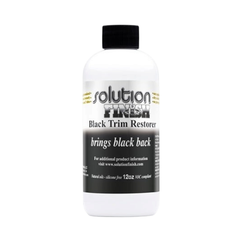 The Detail Warehouse Solution Finish black plastic trim restorer in a white bottle for automotive detailing