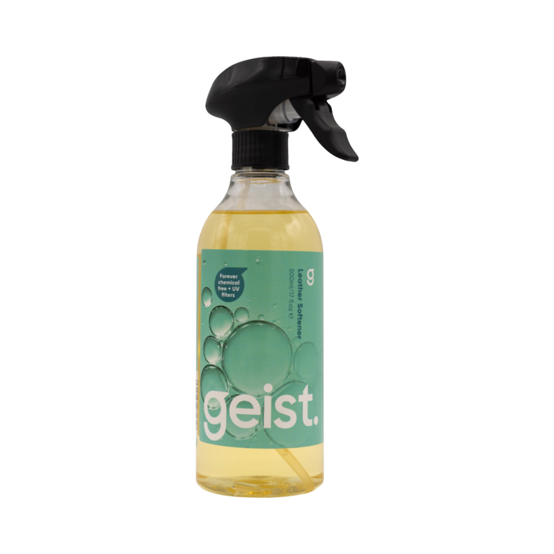 The Detail Warehouse Geist Leather Softener 500ml spray bottle with a clear liquid and teal label.