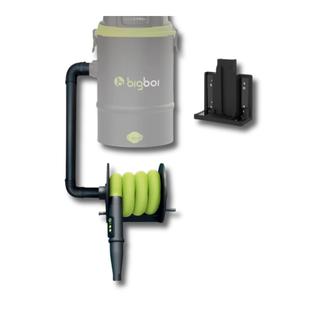 The Detail Warehouse Bigboi SuckR PRO Plus wall mount hose kit with 10m green hose, reel, and mounting bracket.