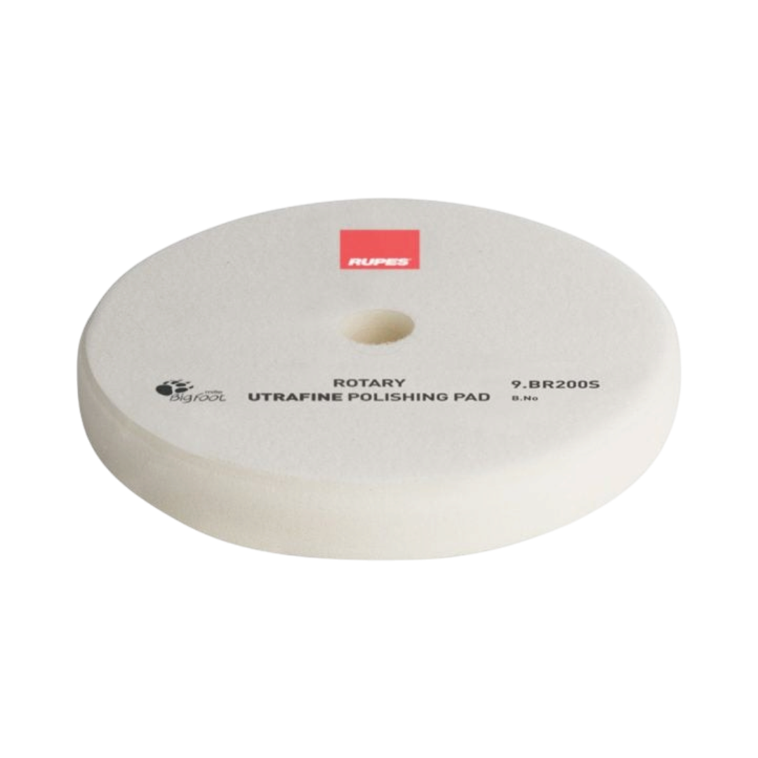 The Detail Warehouse Rupes white ultra-fine foam polishing pad for rotary polishers with a rounded edge design.
