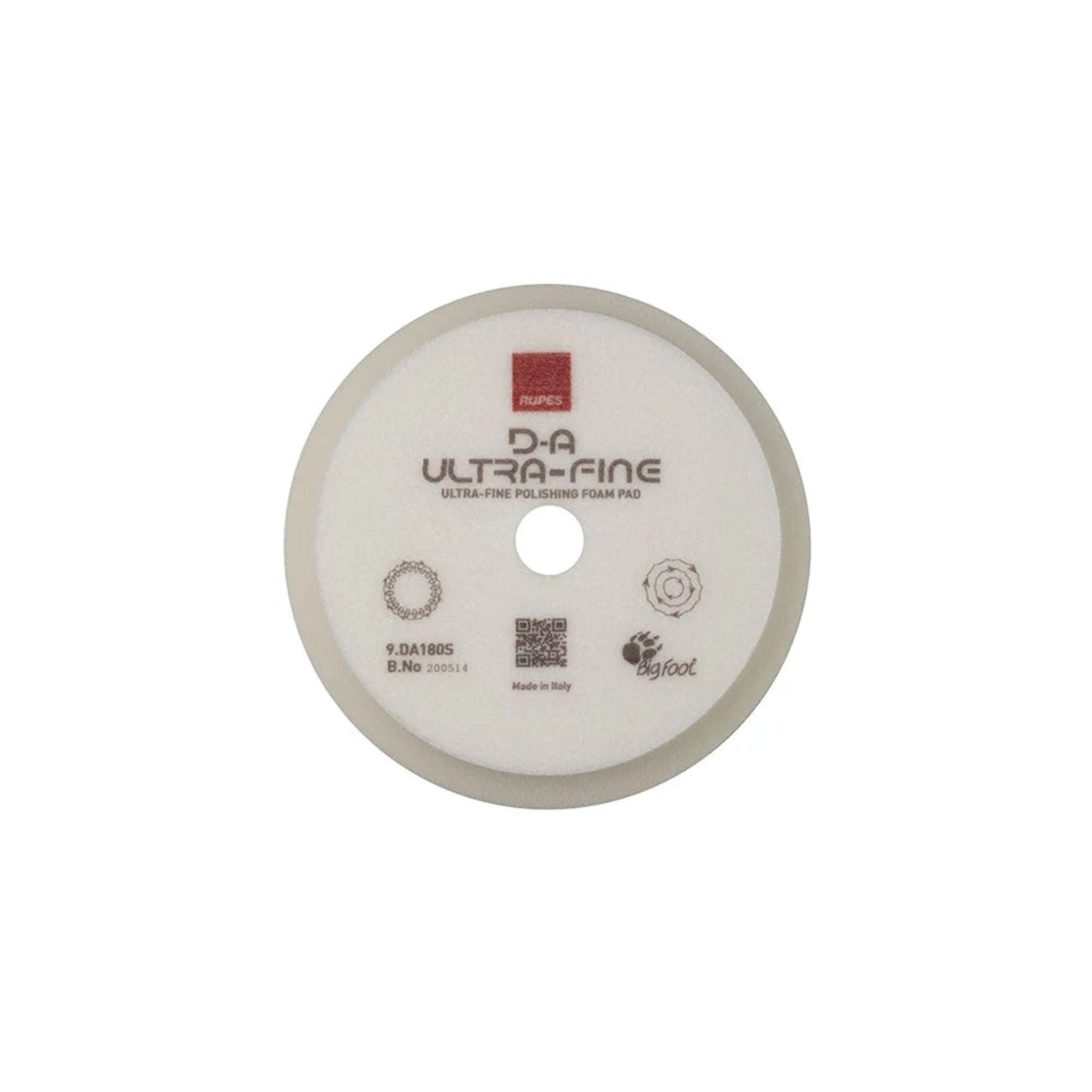 A white circular foam finishing pad with the text 'DA ULTRA FINE' and the Rupes logo on it.