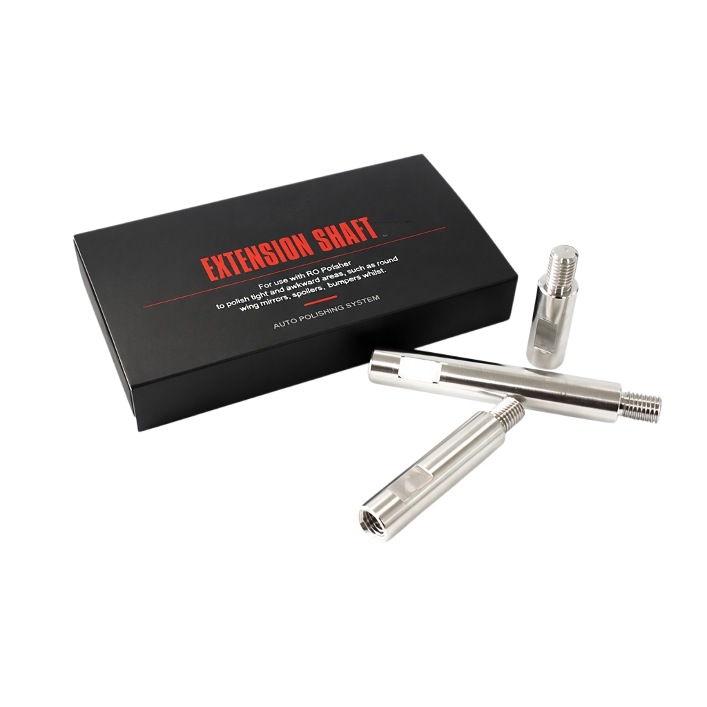 The Detail Warehouse 3-piece M14 rotary polisher extender bar set in silver metal with black storage box.