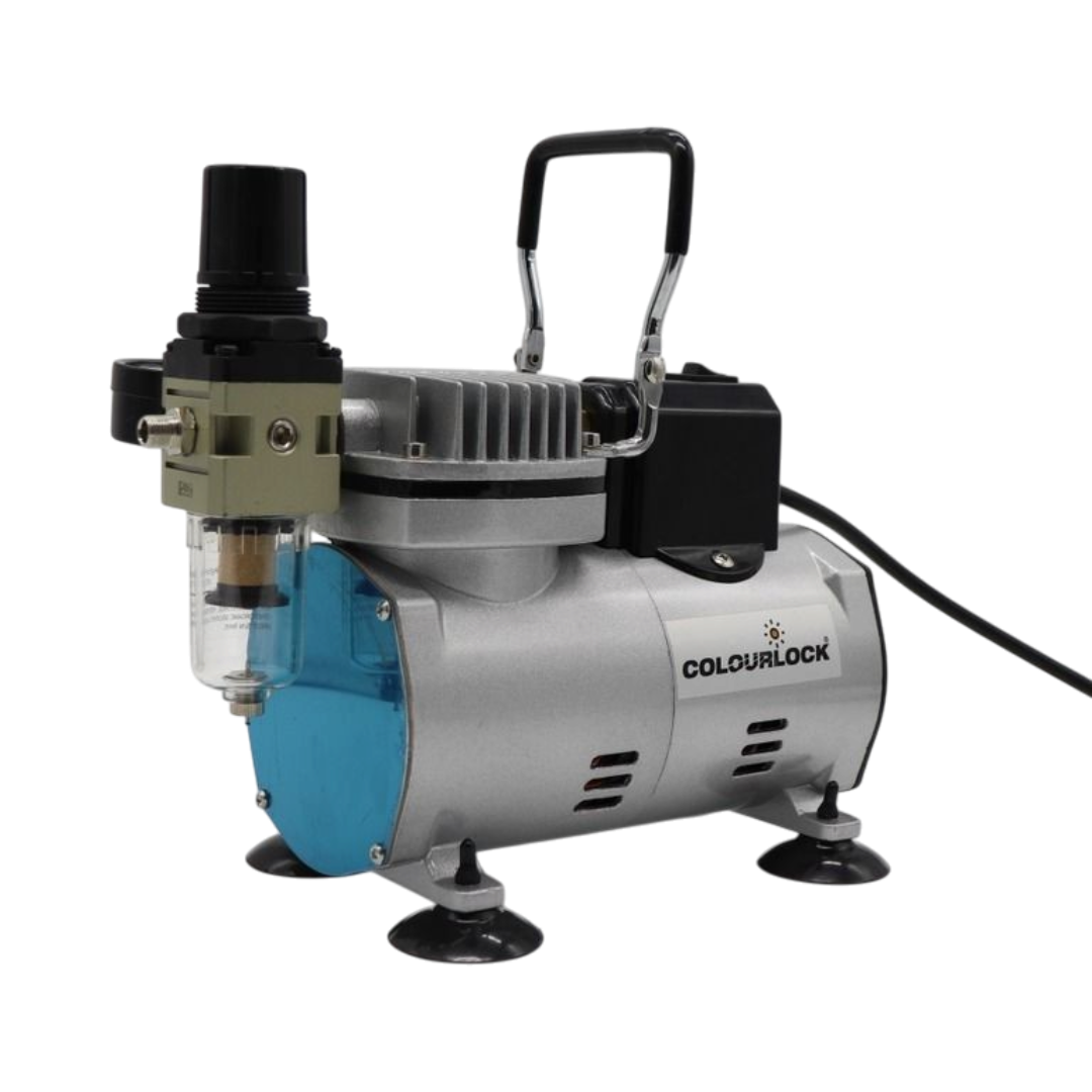 The Detail Warehouse Colourlock portable airbrush compressor with pressure regulator and air filter on white background