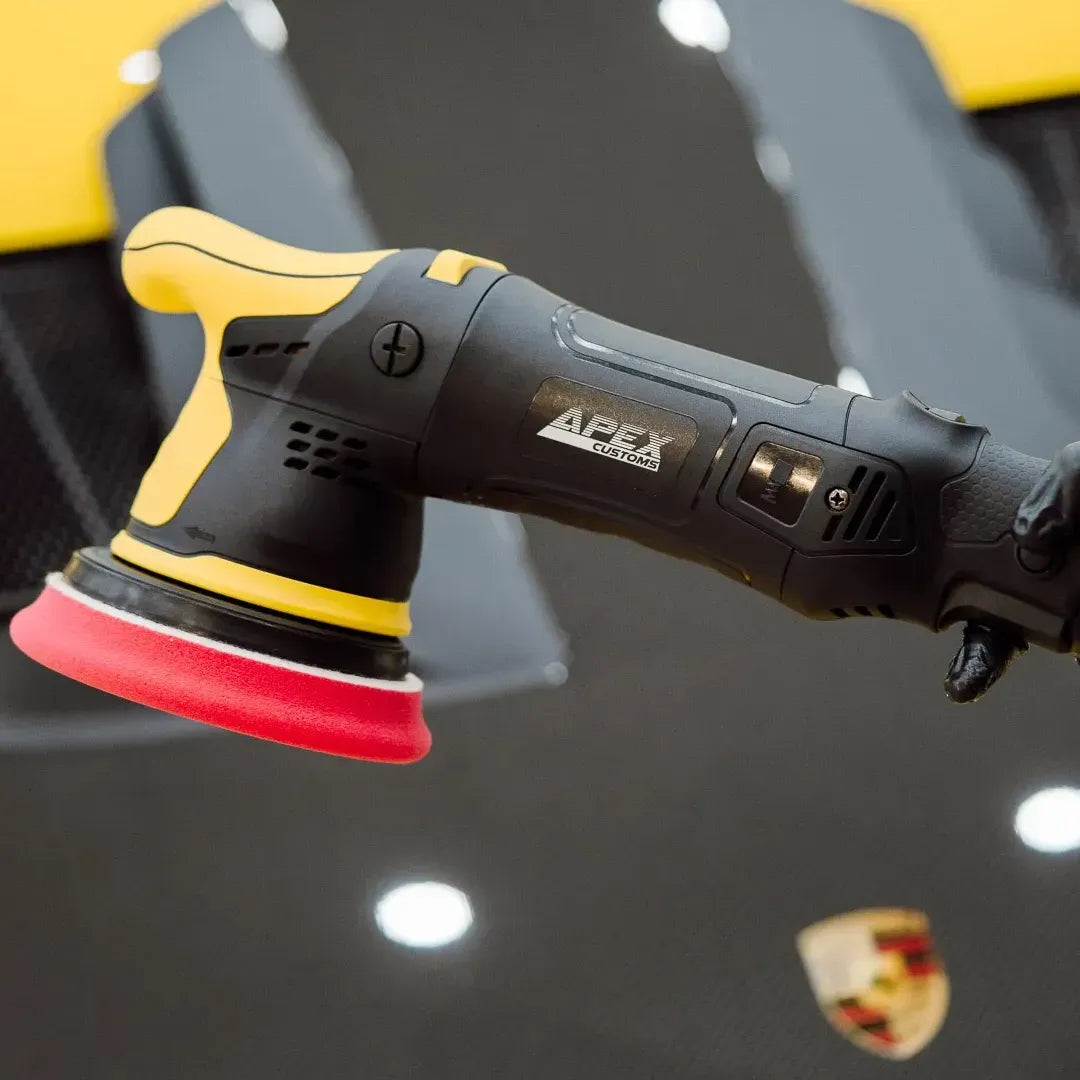 The Detail Warehouse Apex Customs red German foam finishing pad for car paint wax and sealant application