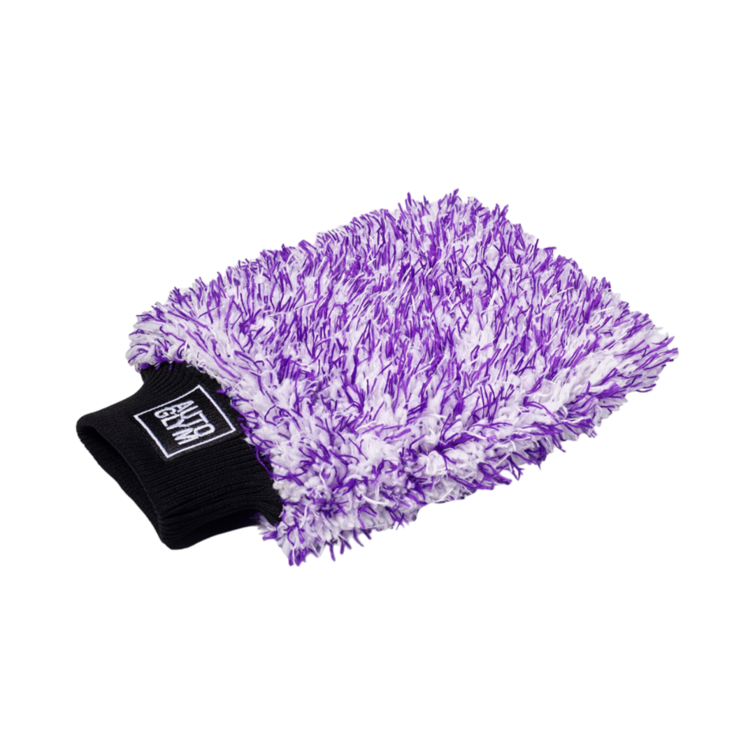 The Detail Warehouse Autoglym Polar Wash Mitt with purple and white microfibre strands and a black tapered cuff.