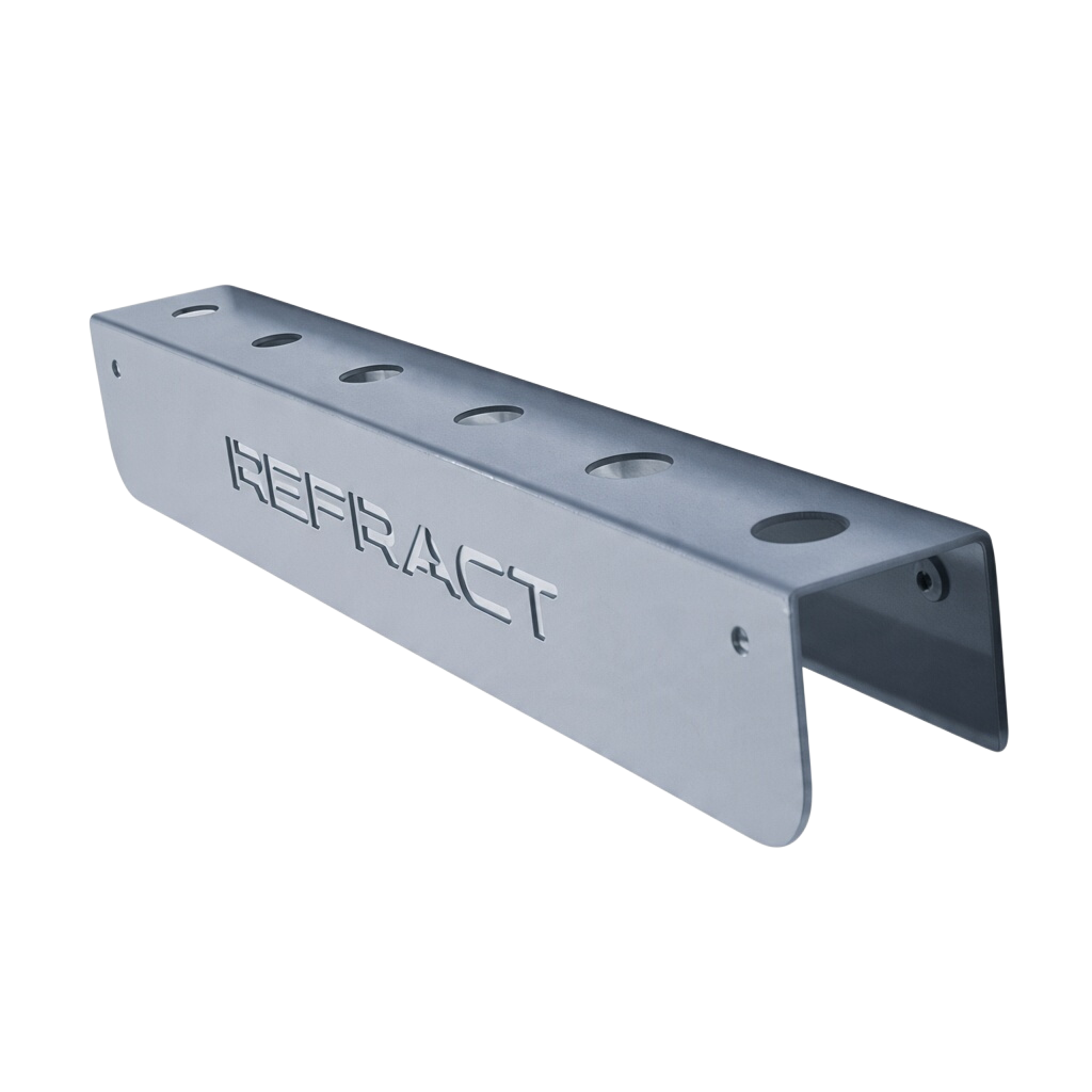 The Detail Warehouse Refract 6-hole wall mount detailing brush rack in grey metal for garage organisation