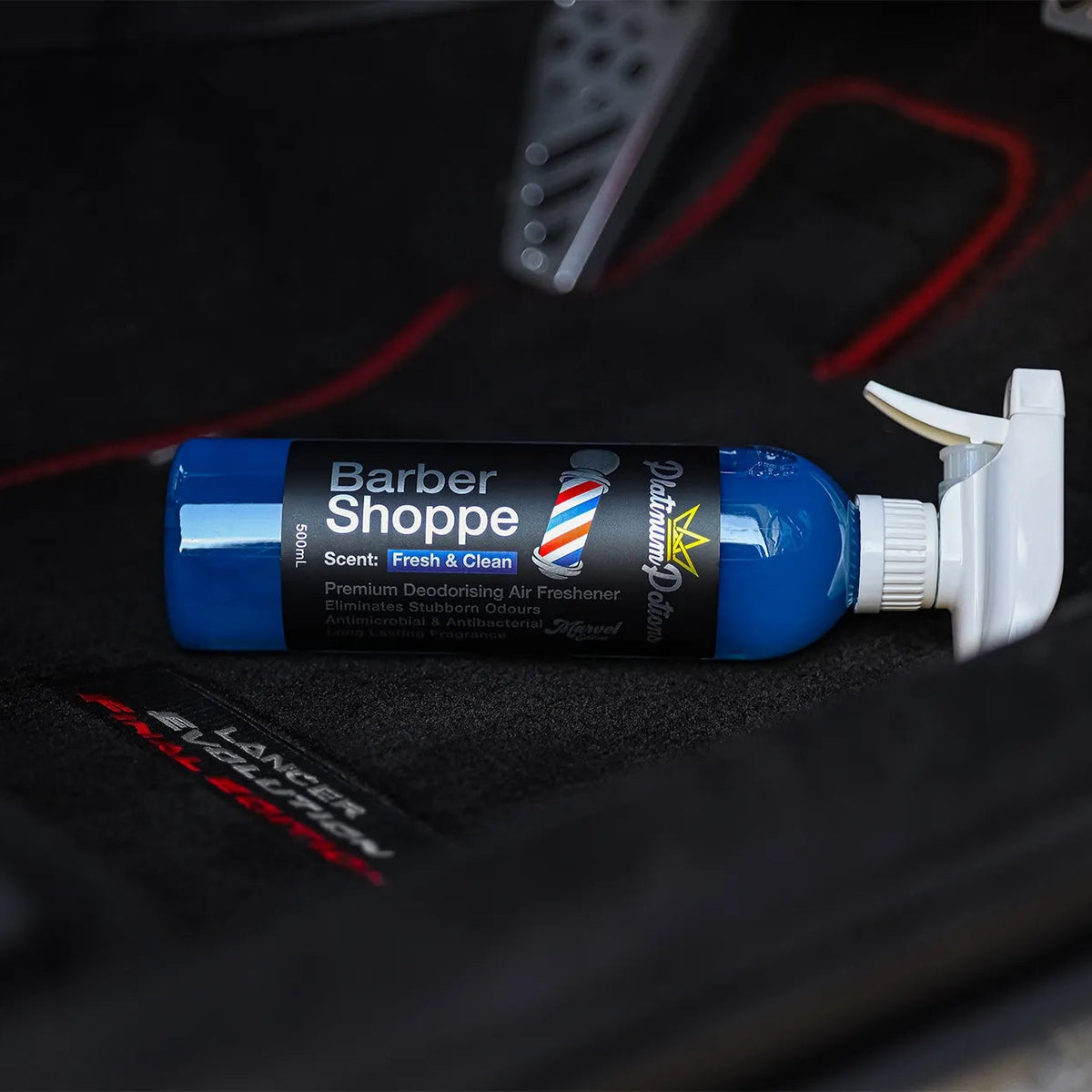 Barber Shoppe car interior cleaning product on a car seat