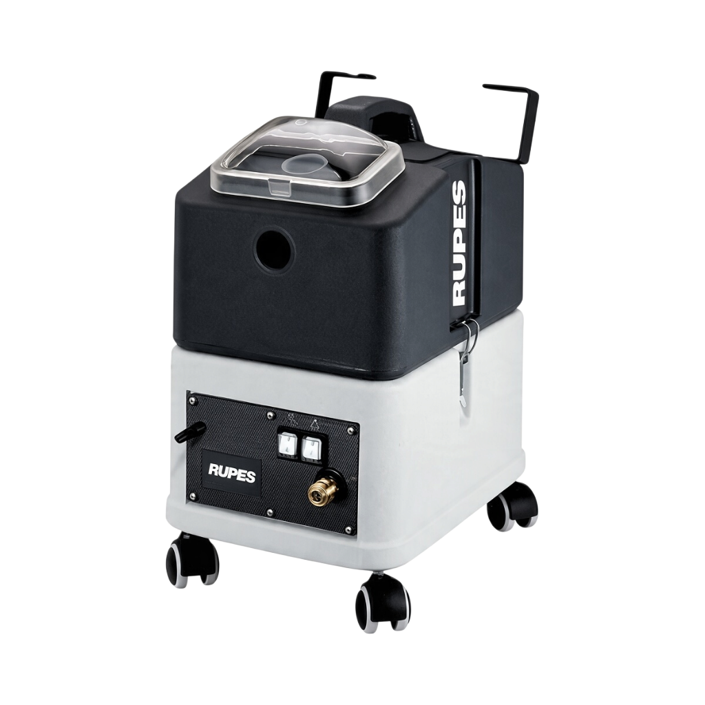 The Detail Warehouse Rupes CK31 professional upholstery extraction machine with black and white housing and hose.