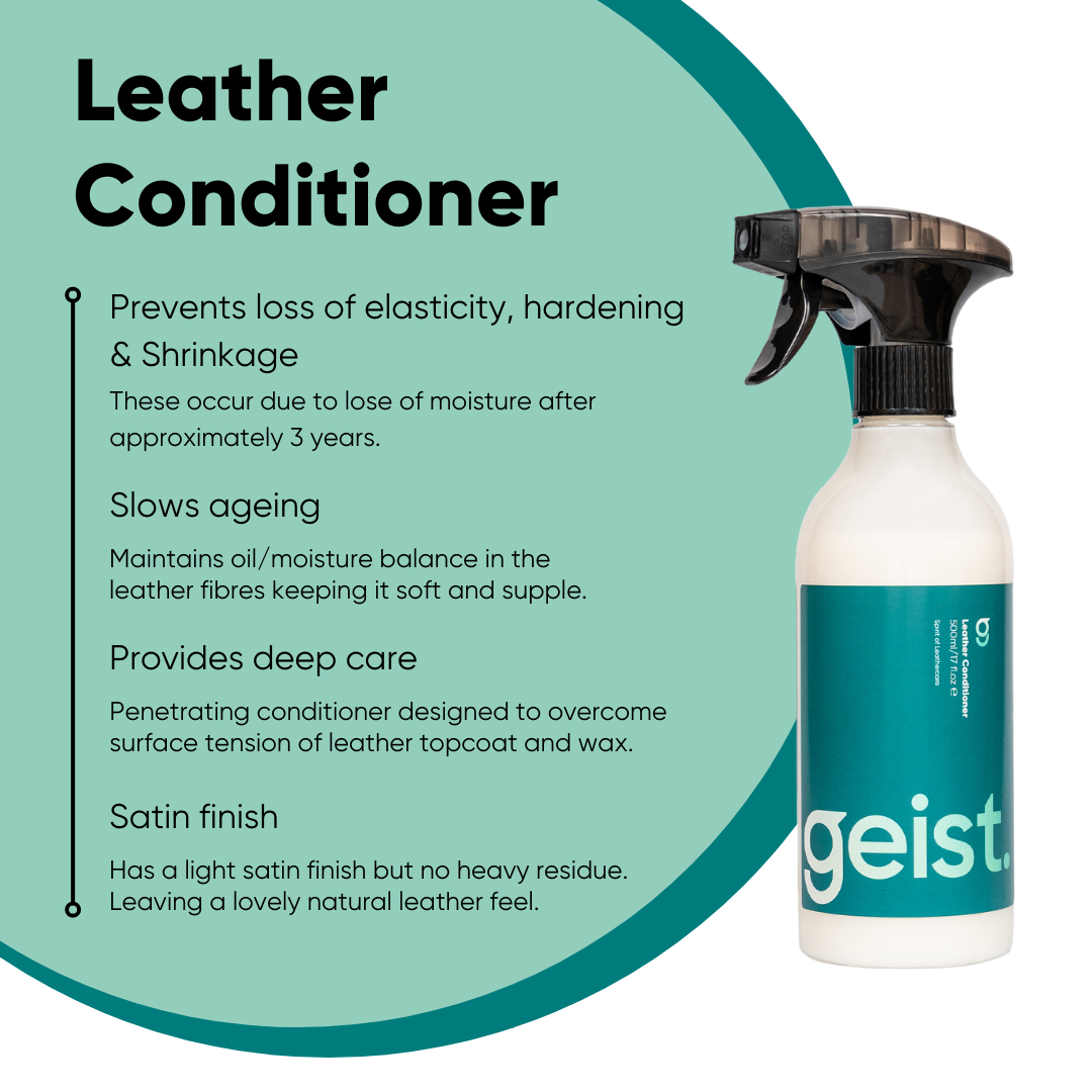 Leather conditioner bottle with text on a green and white background