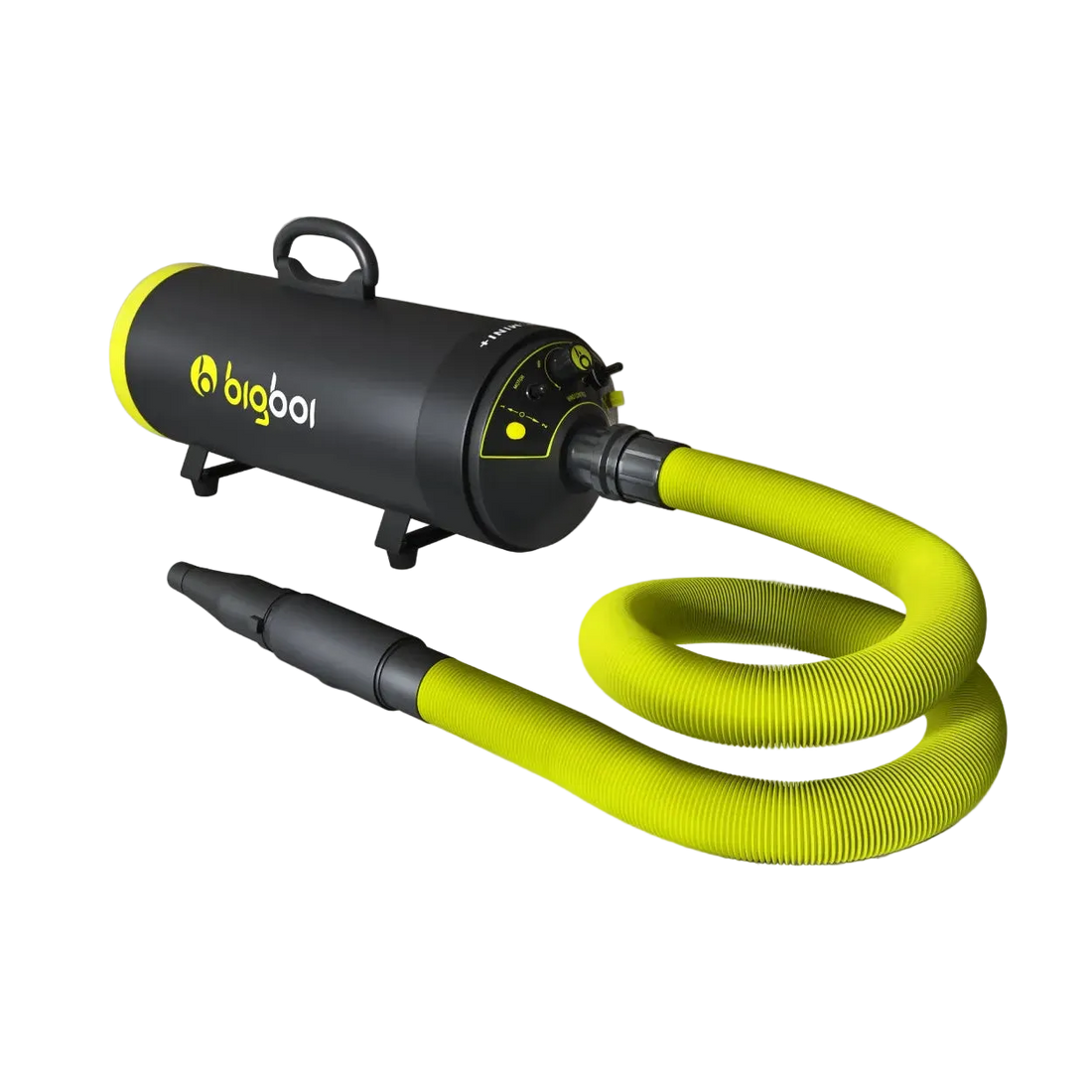 Black and yellow air dryer with a coiled hose on a gray background