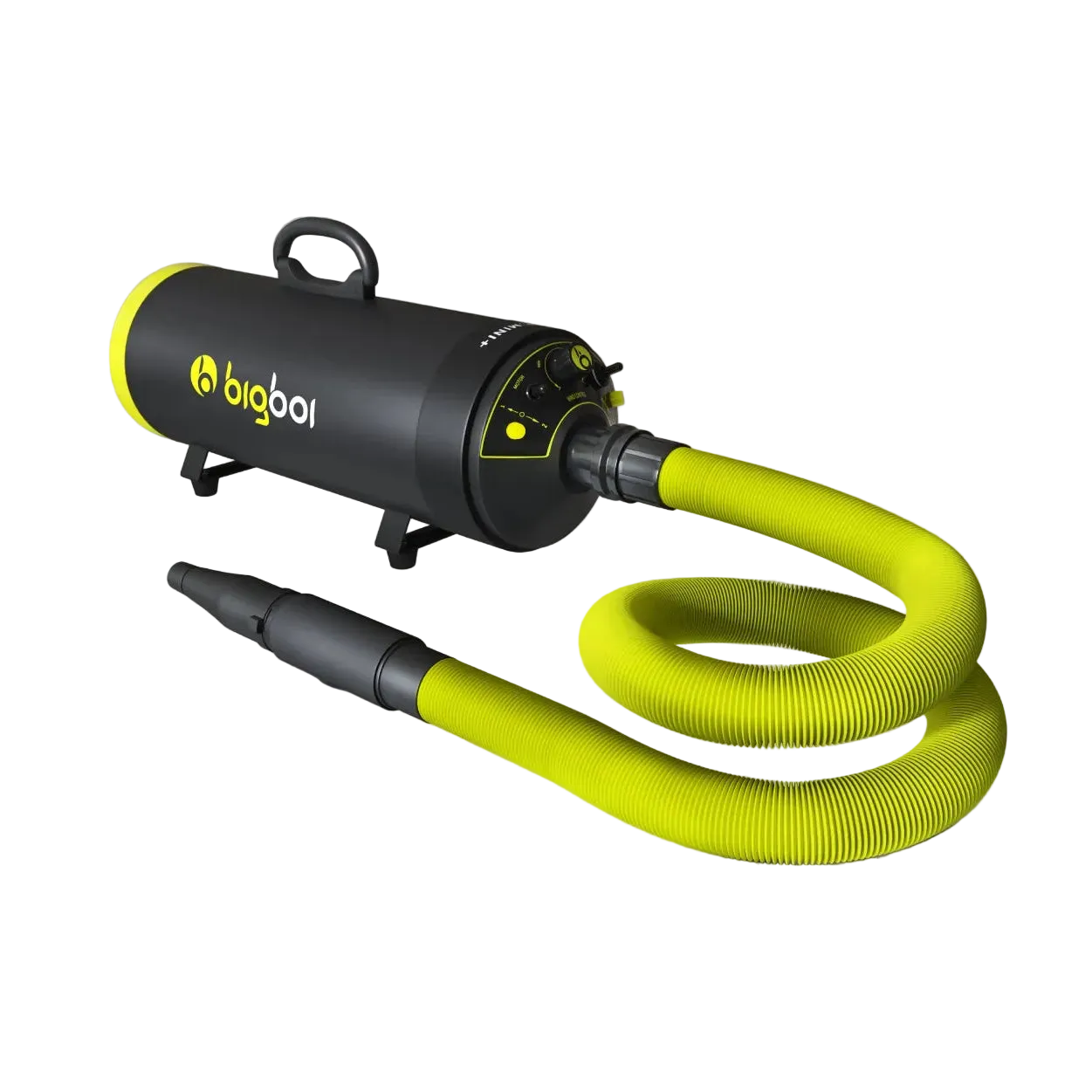 Black and yellow air dryer with a coiled hose on a gray background