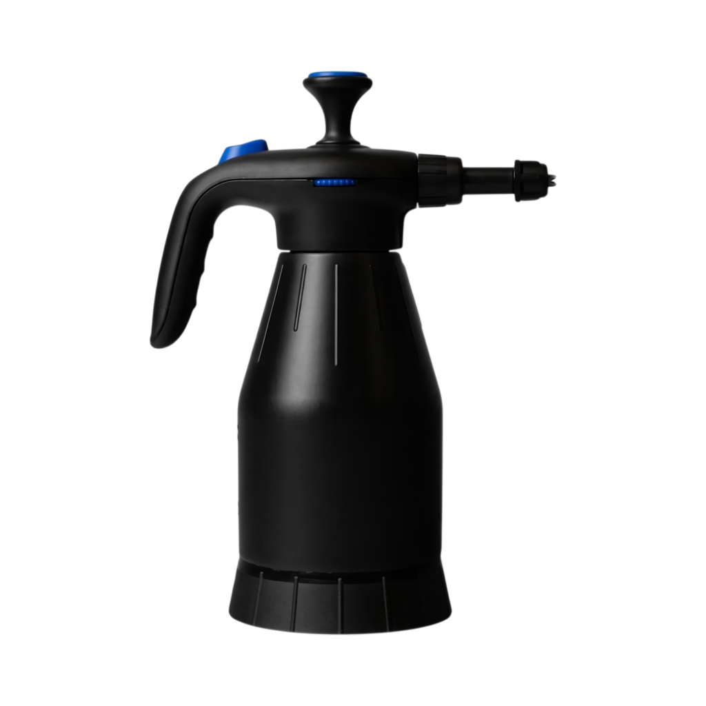 The Detail Warehouse 2L Apex pressure sprayer in black with blue accents for car detailing and foaming chemicals.