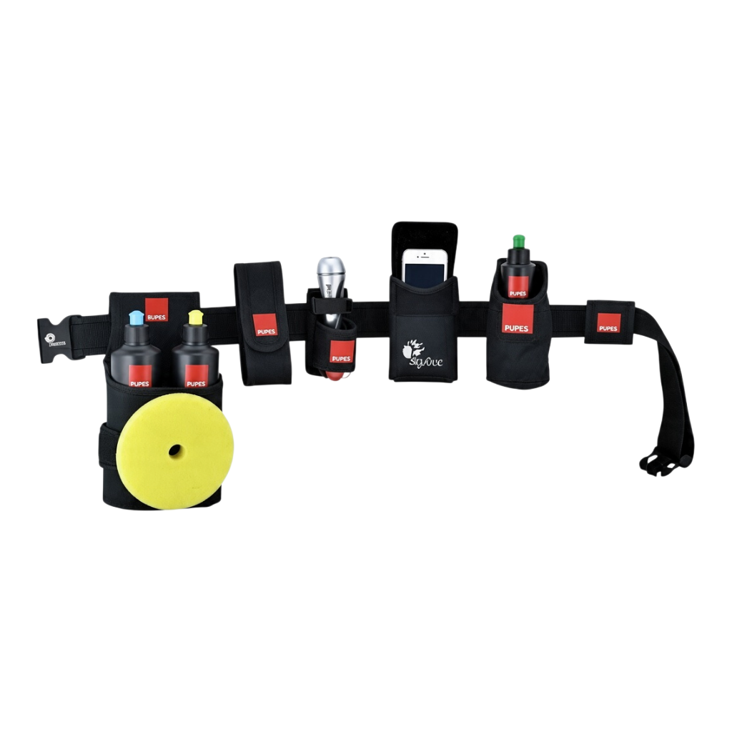 The Detail Warehouse Rupes Bigfoot black nylon detailing tool belt with adjustable pouches for bottles and tools