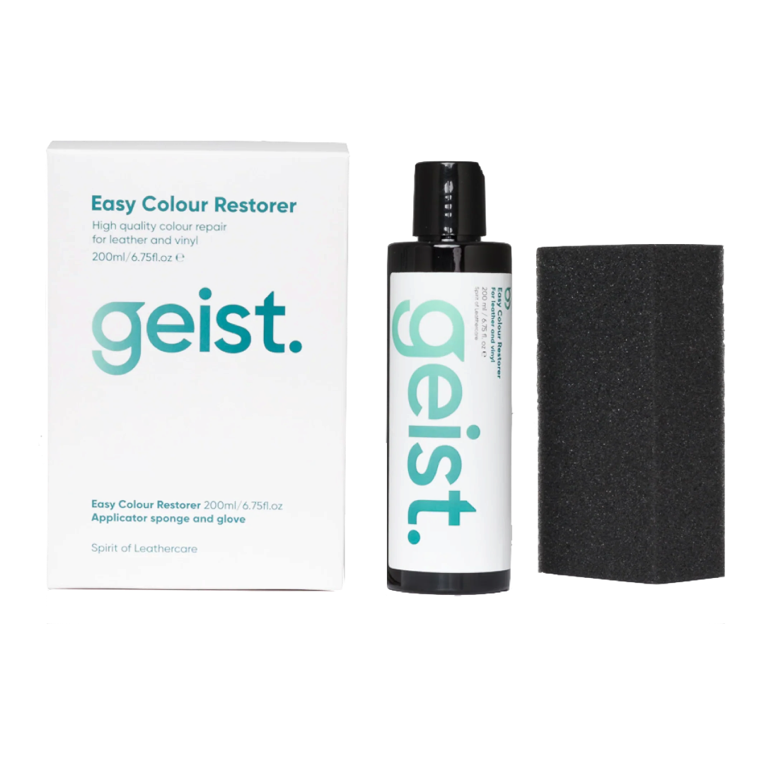 The Detail Warehouse Geist. Easy Colour Restorer Kit for leather and vinyl repair with bottles, sponge, and brush.