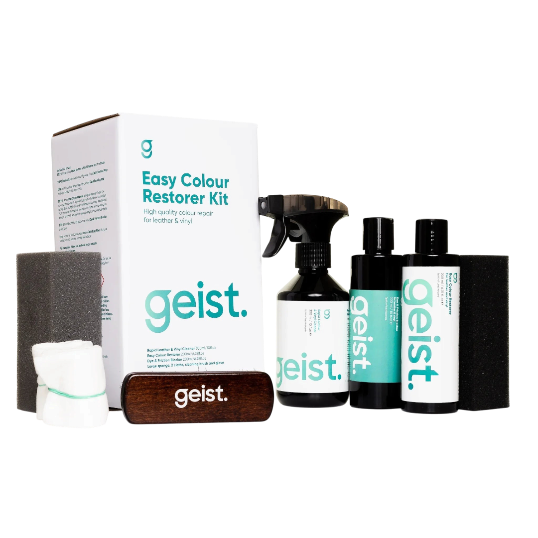 The Detail Warehouse Geist Easy Colour Restorer Kit for leather and vinyl repair with bottles, sponges, and brushes.