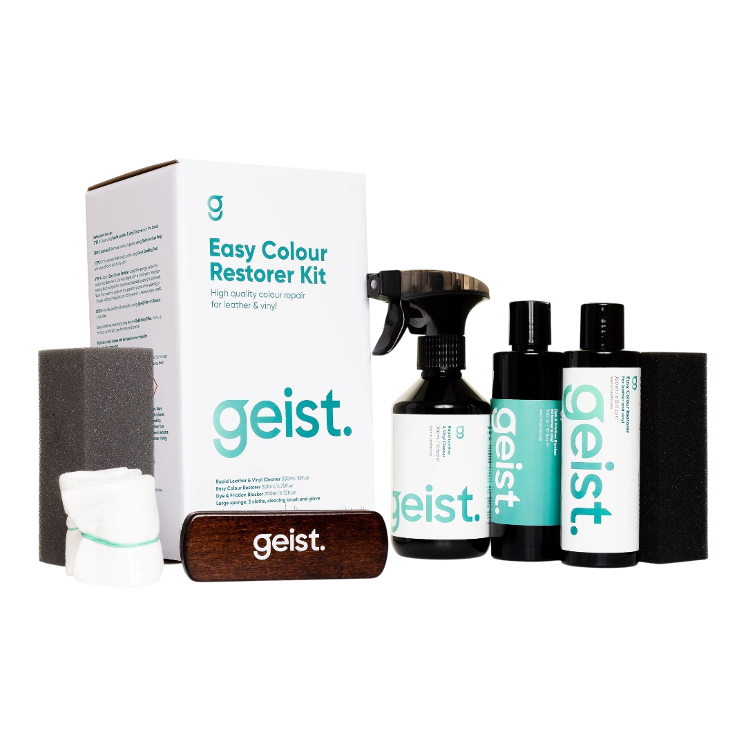 The Detail Warehouse Geist. Easy Colour Restorer Kit for leather and vinyl repair with bottles, sponge, and brush.