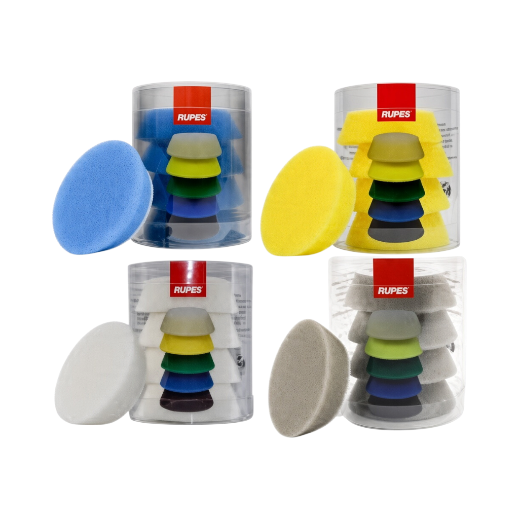The Detail Warehouse Rupes Ibrid Nano foam and wool polishing pads in blue, yellow, white, and grey in clear containers.