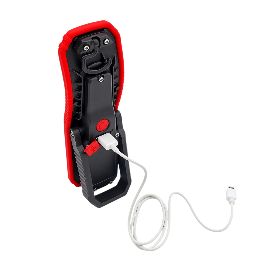 The Detail Warehouse OPTiX LED inspection light with red and black casing, featuring a magnetic base, hook, and USB port.