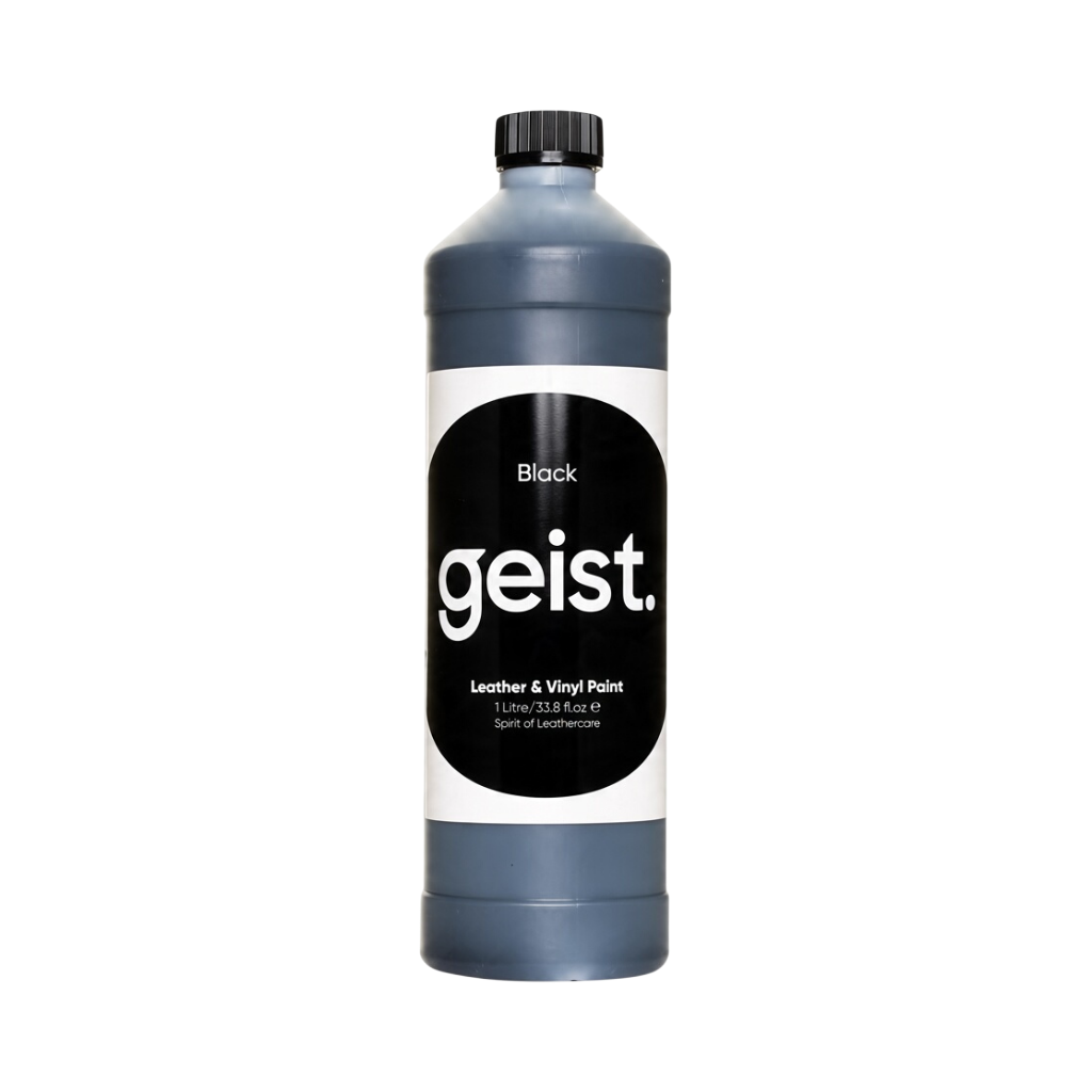 The Detail Warehouse Geist black leather and vinyl paint in a 1-litre bottle for professional surface refinishing.