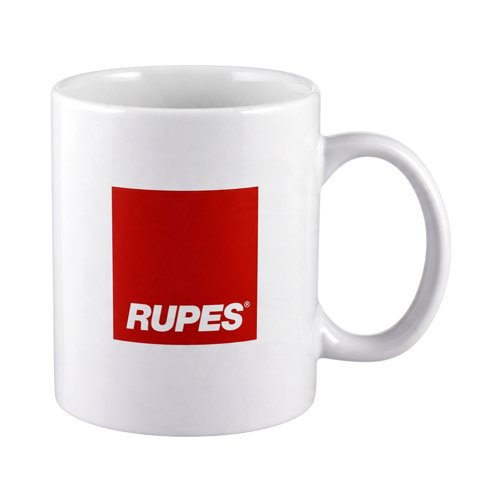 The Detail Warehouse white ceramic coffee and tea mug featuring the red Rupes logo, made in Italy.