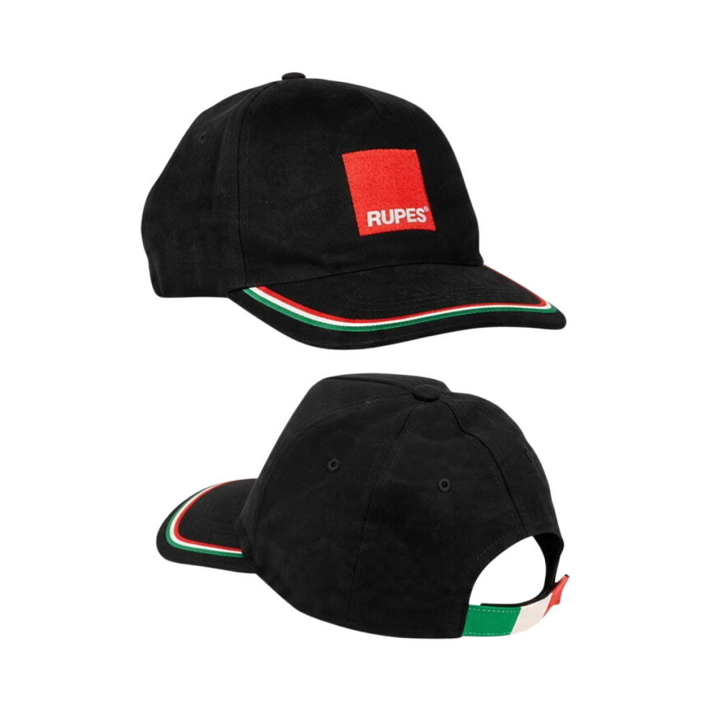 The Detail Warehouse black brushed cotton Rupes Bigfoot cap with Italian flag trim and embroidered logo