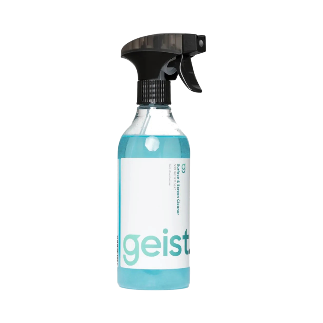 The Detail Warehouse Geist Surface & Screen Cleaner in a clear spray bottle with blue liquid and black trigger nozzle.