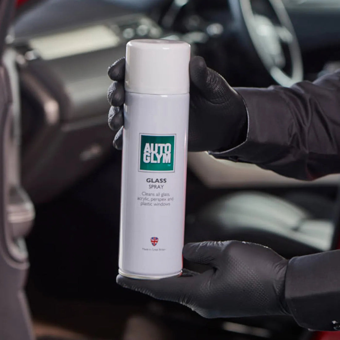 The Detail Warehouse Autoglym aerosol glass cleaner spray bottle for streak-free cleaning of glass and plastic.