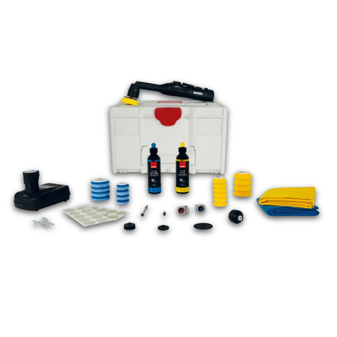 Car care product set with tools and bottles on a white background