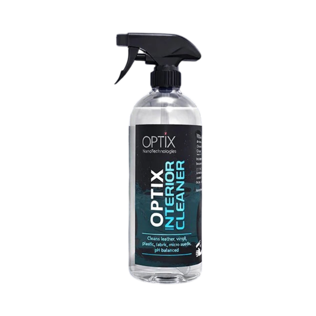 The Detail Warehouse OPTiX Interior Cleaner spray bottle for cleaning car fabric, leather, vinyl, and plastic surfaces.
