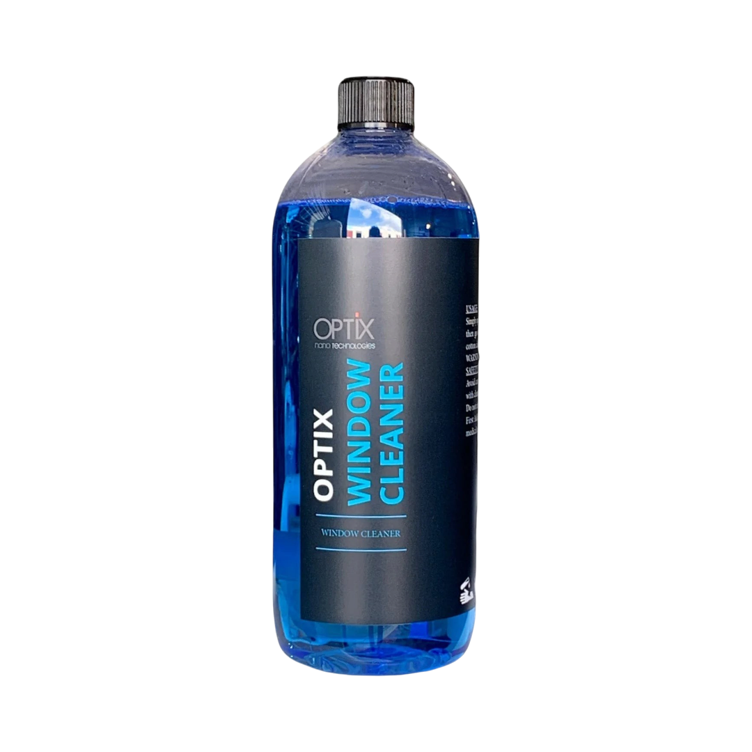 The Detail Warehouse OPTiX blue liquid window cleaner in a 1L bottle for streak-free glass and mirror cleaning.