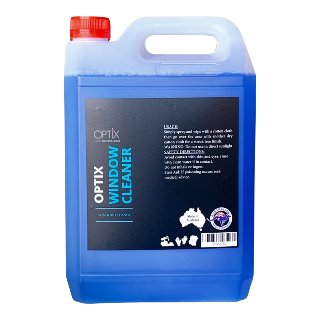 The Detail Warehouse OPTiX blue liquid window cleaner in a 1L bottle for streak-free glass and mirror cleaning.
