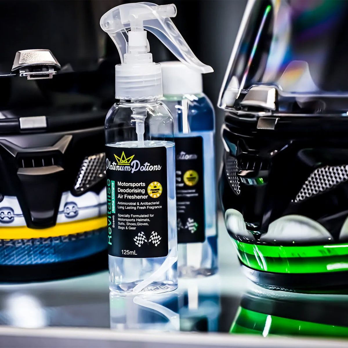 motorsport safety gear cleaning products with a helmet in the background