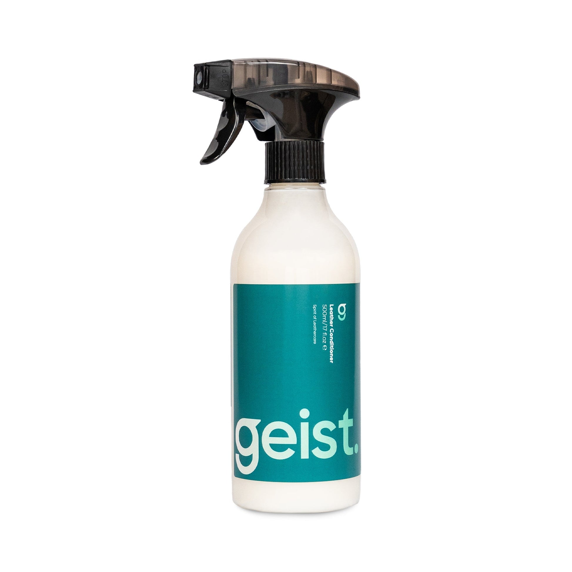 Spray bottle with 'geist' leather conditioner on a white background
