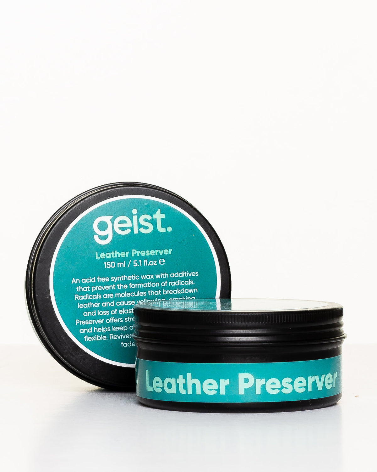 Geist Leather Preserver container with black lid on a white background