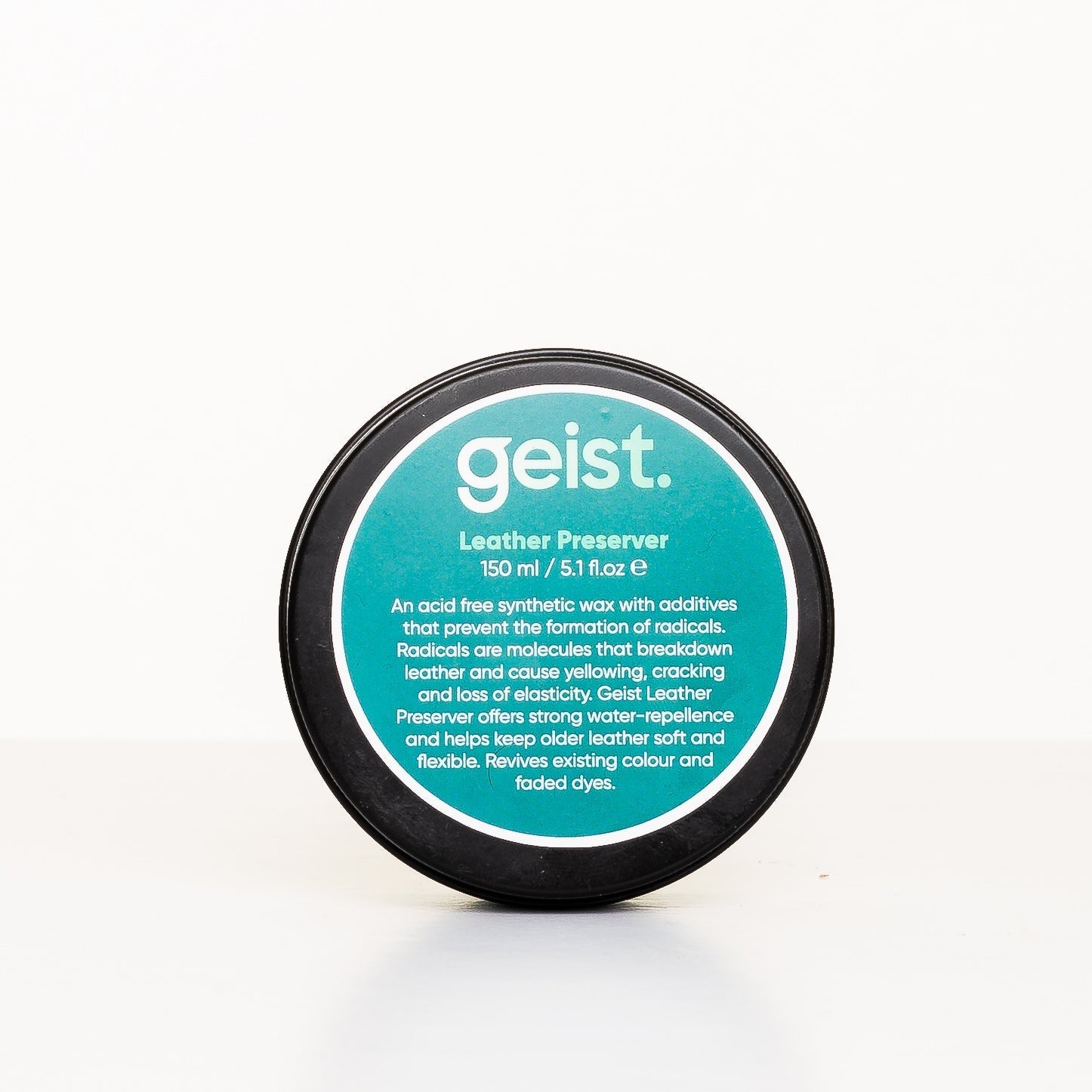Geist leather preserver container with blue label on a white background