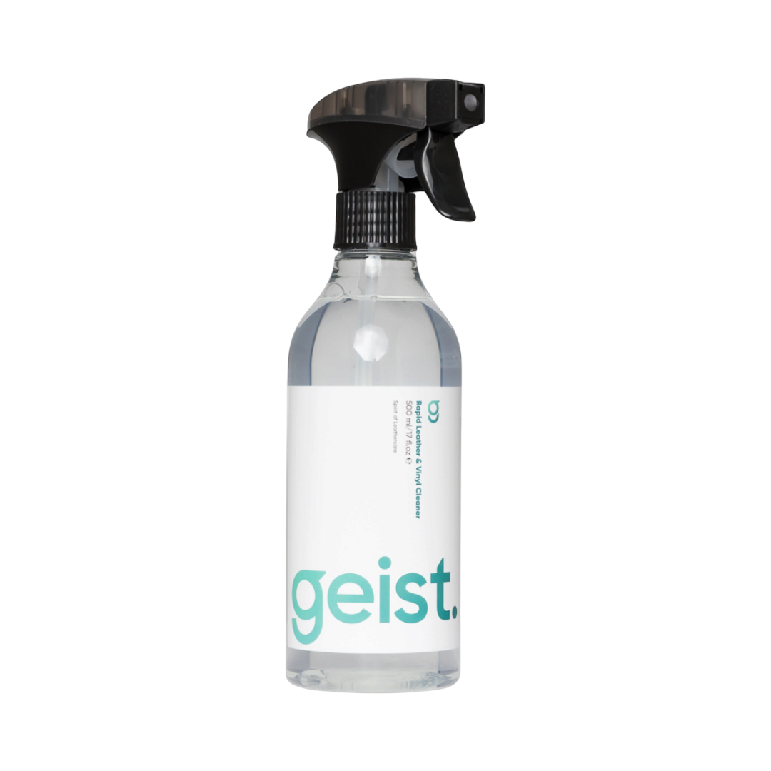 The Detail Warehouse Geist Rapid Leather & Vinyl Cleaner in a clear spray bottle with a black trigger nozzle.