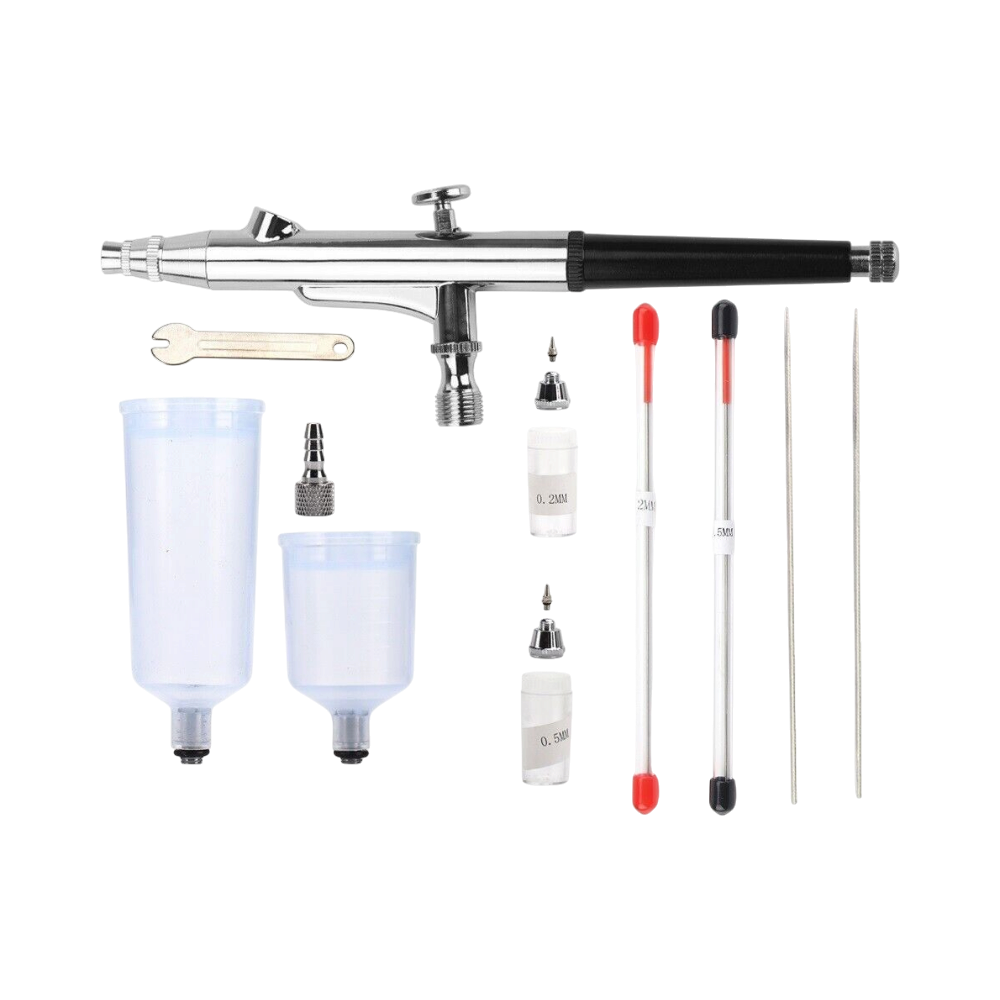 The Detail Warehouse Colourlock Gravity Airbrush Pro kit with spray gun, three nozzles, needles, and two colour pots.