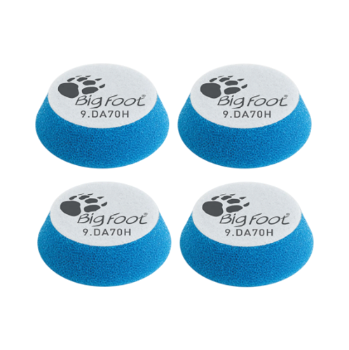 The Detail Warehouse Rupes Ibrid Nano foam and wool polishing pads in blue, yellow, white, and grey in clear containers.