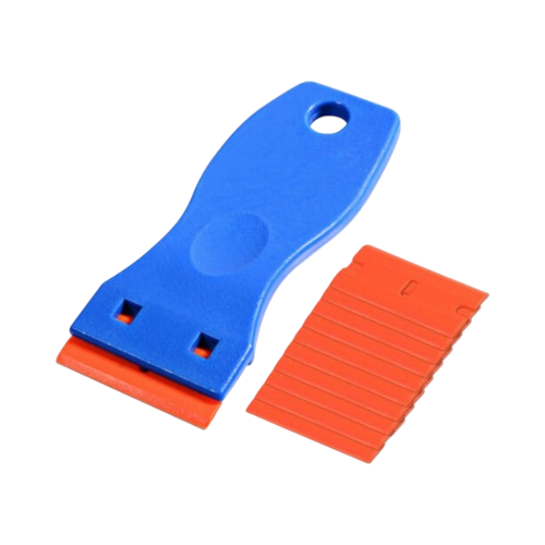 The Detail Warehouse blue plastic scraper tool with a set of ten reversible orange plastic razor blades