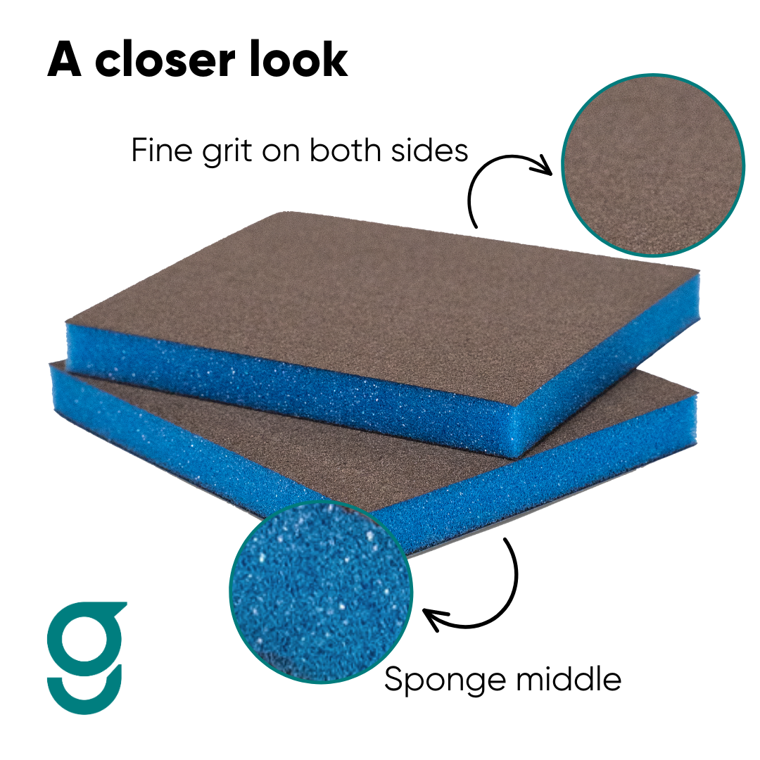The Detail Warehouse Geist foam sanding pads in a 2-pack, featuring flexible, double-sided abrasive sponge material.