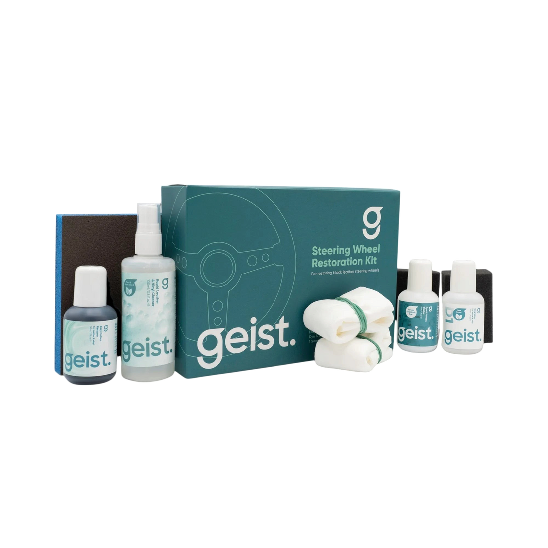 The Detail Warehouse Geist steering wheel restoration kit with cleaner, degreaser, black colour restorer, and accessories.