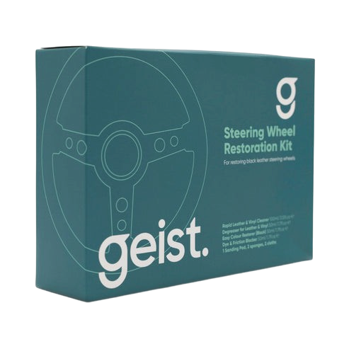 The Detail Warehouse Geist steering wheel restoration kit with cleaner, degreaser, black colour restorer, and accessories.