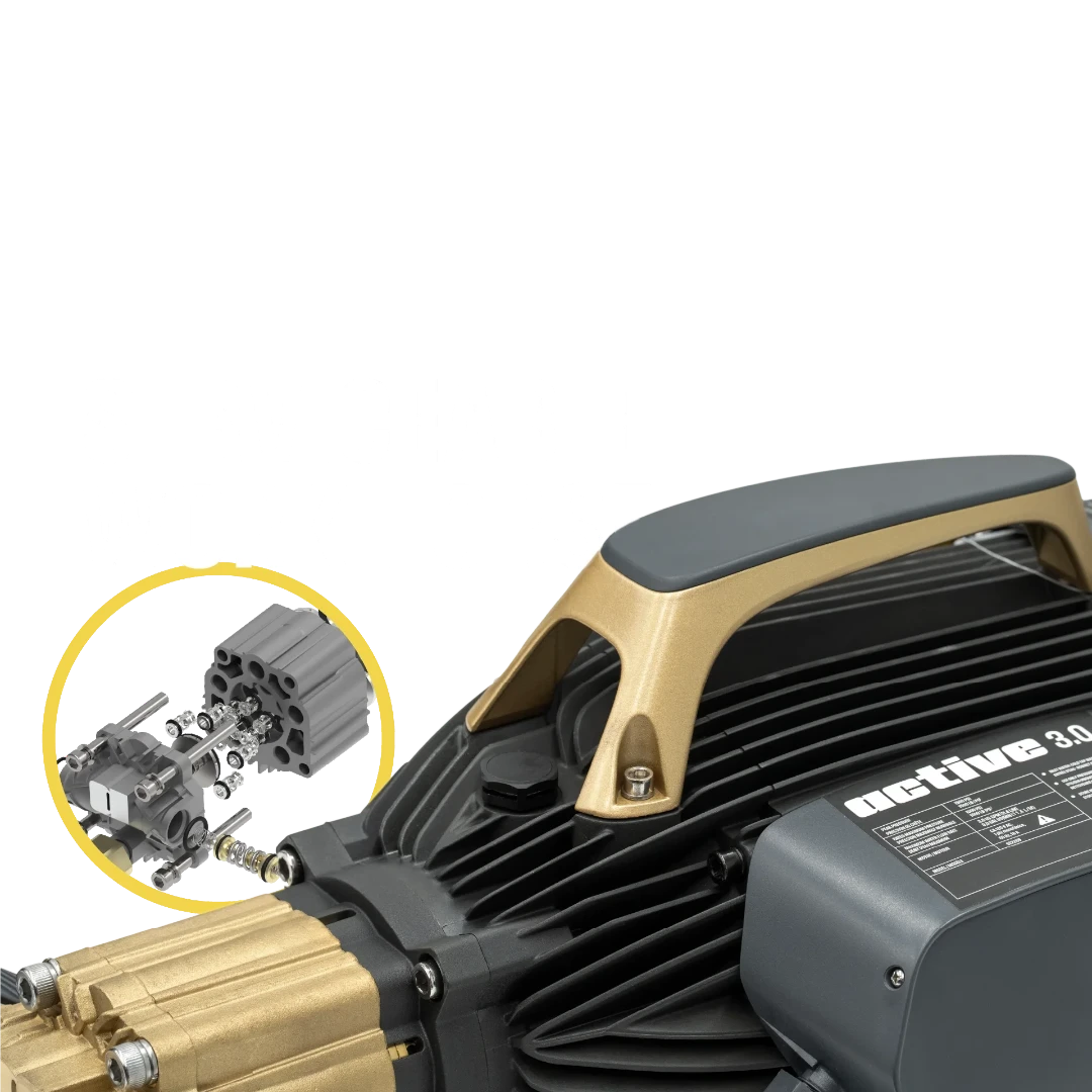 The Detail Warehouse Active 3.0 pressure washer showing the internal 5-piston brass pump mechanism and gold handle.