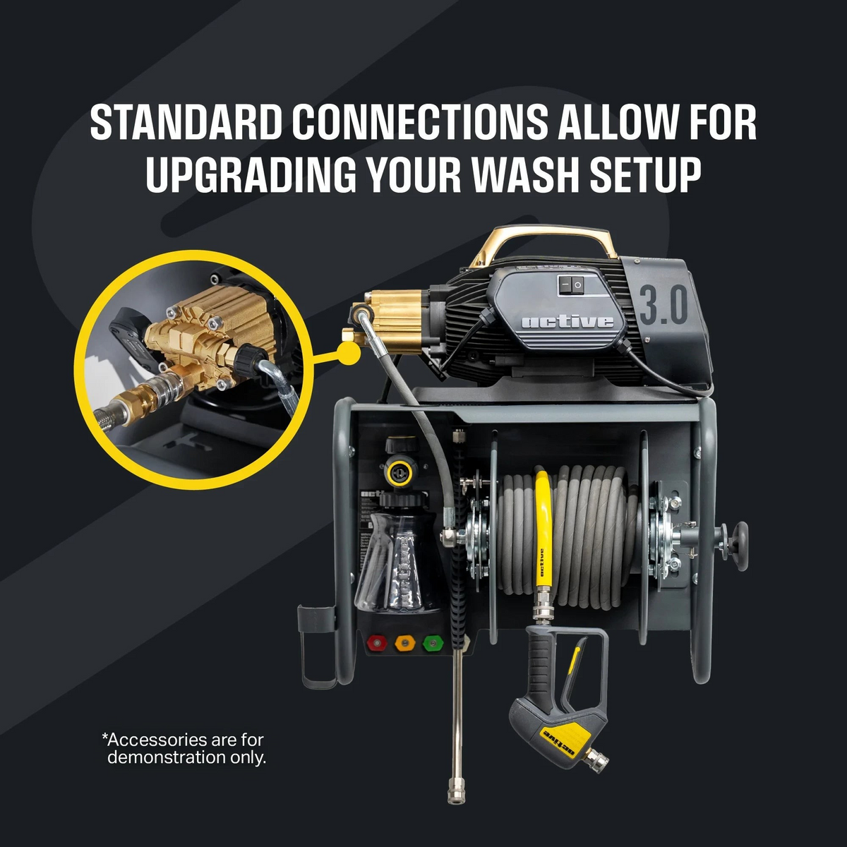 The Detail Warehouse Active 3.0 pressure washer with brass pump, hose reel, and spray gun for professional detailing.